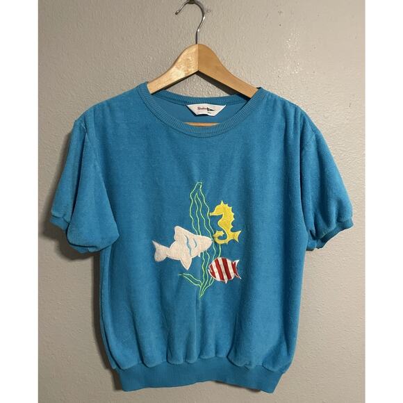Vintage Womens Top Size Small Blue Terry Velour Fish Seahorse Embroidered Artsy - Picture 1 of 6
